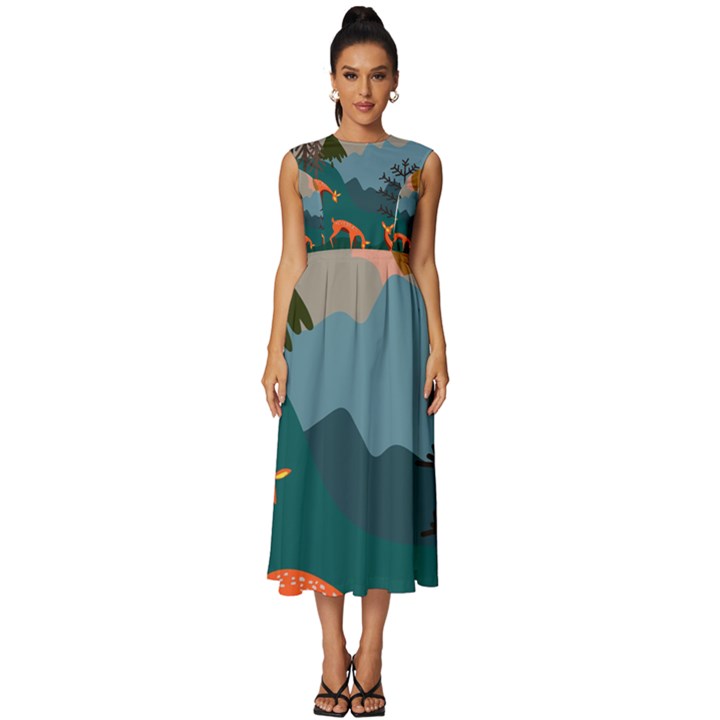 Roe Deer Animal Boho Bohemian Nature Sleeveless Round Neck Midi Dress