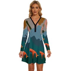 Roe Deer Animal Boho Bohemian Nature Long Sleeve Deep V Mini Dress  by Grandong