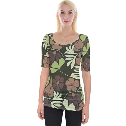 Flowers Leaves Plant Botanical Boho Bohemian Minimalist Nature Wide Neckline T-shirt by Grandong