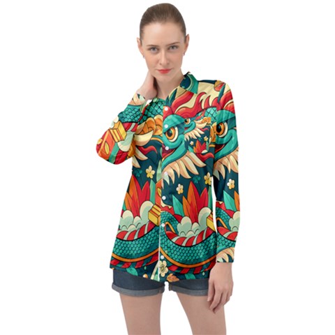 Chinese New Year – Year Of The Dragon Long Sleeve Satin Shirt by Valentinaart