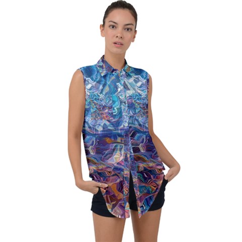 Kaleidoscopic Currents Sleeveless Chiffon Button Shirt by kaleidomarblingart