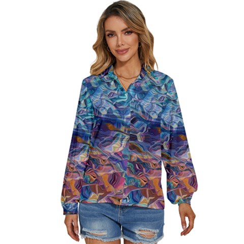 Kaleidoscopic Currents Women s Long Sleeve Button Up Shirt by kaleidomarblingart