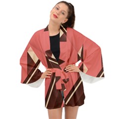 Retro Abstract Background, Brown-pink Geometric Background Long Sleeve Kimono by nateshop