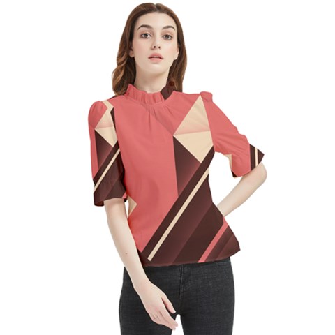 Retro Abstract Background, Brown-pink Geometric Background Frill Neck Blouse by nateshop