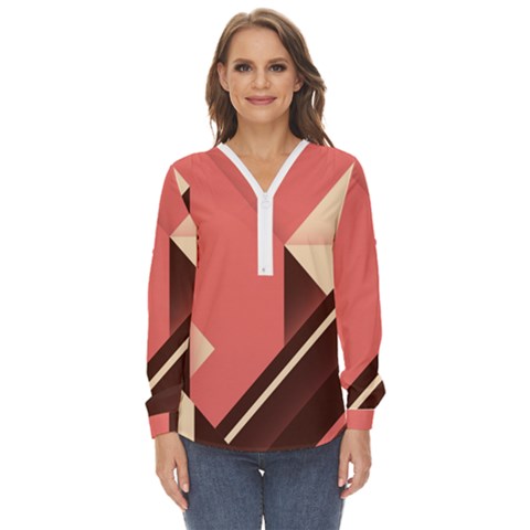 Retro Abstract Background, Brown-pink Geometric Background Zip Up Long Sleeve Blouse by nateshop