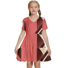 Retro Abstract Background, Brown-pink Geometric Background Kids  Short Sleeve Tiered Mini Dress by nateshop