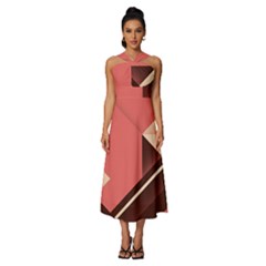 Retro Abstract Background, Brown-pink Geometric Background Sleeveless Cross Front Cocktail Midi Chiffon Dress by nateshop