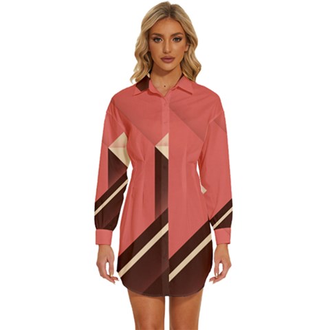 Retro Abstract Background, Brown-pink Geometric Background Womens Long Sleeve Shirt Dress by nateshop