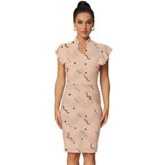 Lines Dots Pattern Abstract Art Vintage Frill Sleeve V-neck Bodycon Dress by Cemarart