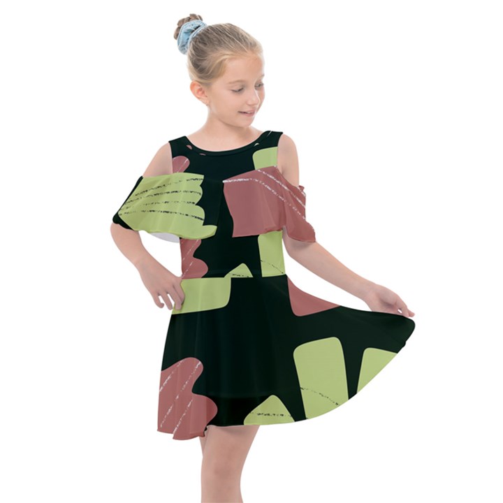 Elements Scribbles Wiggly Line Kids  Shoulder Cutout Chiffon Dress