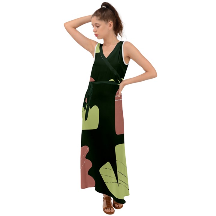 Elements Scribbles Wiggly Line V-Neck Chiffon Maxi Dress