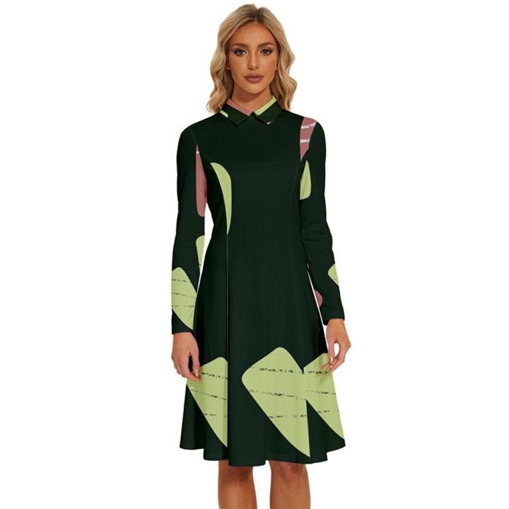 Elements Scribbles Wiggly Line Long Sleeve Shirt Collar A-Line Dress