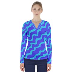 Purple Mint Turquoise Background V-neck Long Sleeve Top by Cemarart