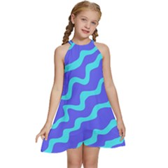 Purple Mint Turquoise Background Kids  Halter Collar Waist Tie Chiffon Dress by Cemarart