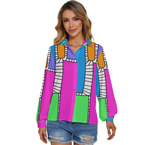 Shapes Texture Colorful Cartoon Women s Long Sleeve Button Up Shirt by Cemarart