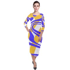 Print Pattern Warp Lines Quarter Sleeve Midi Velour Bodycon Dress