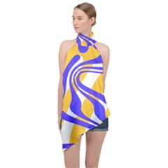 Print Pattern Warp Lines Halter Asymmetric Satin Top