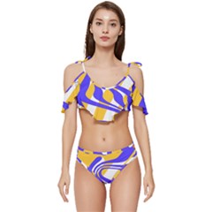 Print Pattern Warp Lines Ruffle Edge Tie Up Bikini Set	