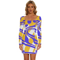 Print Pattern Warp Lines Long Sleeve Square Neck Bodycon Velvet Dress