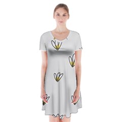 Pattern Leaves Daisies Print Short Sleeve V-neck Flare Dress by Cemarart