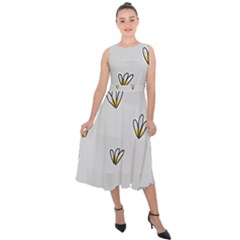 Pattern Leaves Daisies Print Midi Tie-back Chiffon Dress by Cemarart