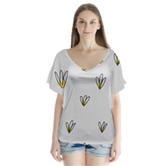 Pattern Leaves Daisies Print V-neck Flutter Sleeve Top by Cemarart