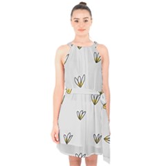 Pattern Leaves Daisies Print Halter Collar Waist Tie Chiffon Dress by Cemarart