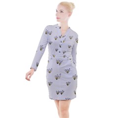 Pattern Leaves Daisies Print Button Long Sleeve Dress by Cemarart