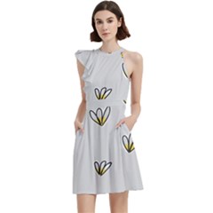 Pattern Leaves Daisies Print Cocktail Party Halter Sleeveless Dress With Pockets