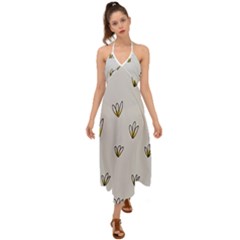 Pattern Leaves Daisies Print Halter Tie Back Dress  by Cemarart