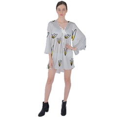 Pattern Leaves Daisies Print V-neck Flare Sleeve Mini Dress by Cemarart