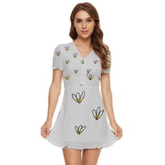 Pattern Leaves Daisies Print V-neck High Waist Chiffon Mini Dress by Cemarart