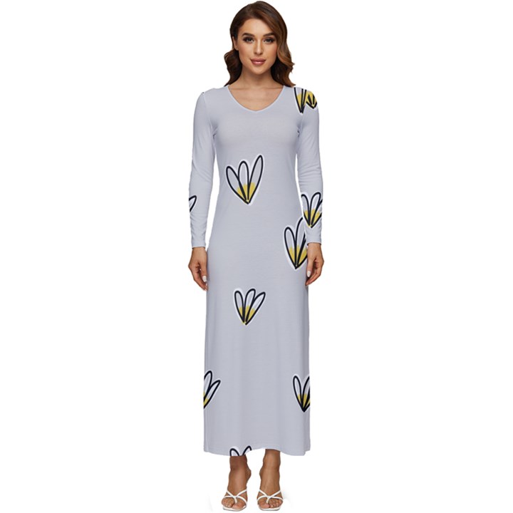 Pattern Leaves Daisies Print Long Sleeve Longline Maxi Dress