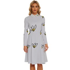 Pattern Leaves Daisies Print Long Sleeve Shirt Collar A-line Dress by Cemarart