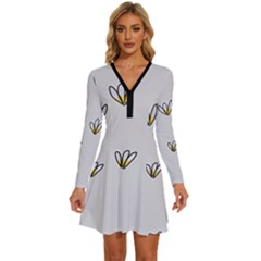 Pattern Leaves Daisies Print Long Sleeve Deep V Mini Dress  by Cemarart