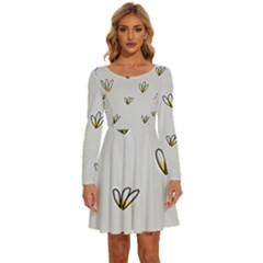 Pattern Leaves Daisies Print Long Sleeve Wide Neck Velvet Dress by Cemarart