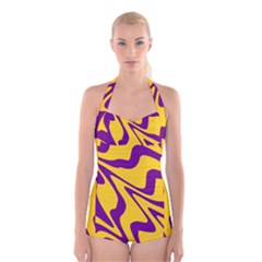 Waves Pattern Lines Wiggly Boyleg Halter Swimsuit  by Cemarart