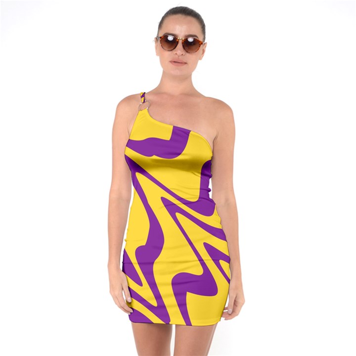 Waves Pattern Lines Wiggly One Shoulder Ring Trim Bodycon Dress