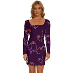 Pattern Petals Dots Print Seamless Long Sleeve Square Neck Bodycon Velvet Dress by Cemarart