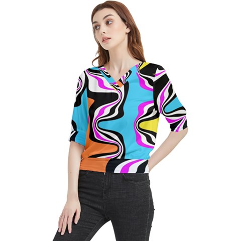 Liquid Warp Background Orange Blue Quarter Sleeve Blouse by Cemarart