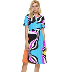 Liquid Warp Background Orange Blue Button Top Knee Length Dress by Cemarart