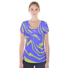 Blue Green Abstract Short Sleeve Front Detail Top by Cemarart