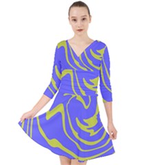 Blue Green Abstract Quarter Sleeve Front Wrap Dress