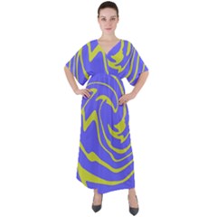 Blue Green Abstract V-neck Boho Style Maxi Dress