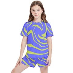 Blue Green Abstract Kids  T-shirt And Sports Shorts Set by Cemarart