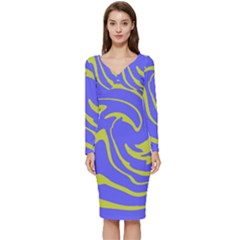 Blue Green Abstract Long Sleeve V-neck Bodycon Dress  by Cemarart