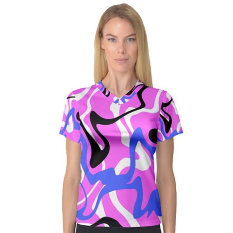 Swirl Pink White Blue Black V-neck Sport Mesh T-shirt by Cemarart