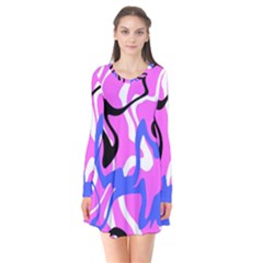 Swirl Pink White Blue Black Long Sleeve V-neck Flare Dress by Cemarart