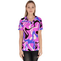 Swirl Pink White Blue Black Women s V-neck Scrub Top by Cemarart