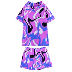 Swirl Pink White Blue Black Kids  Swim T-shirt And Shorts Set by Cemarart